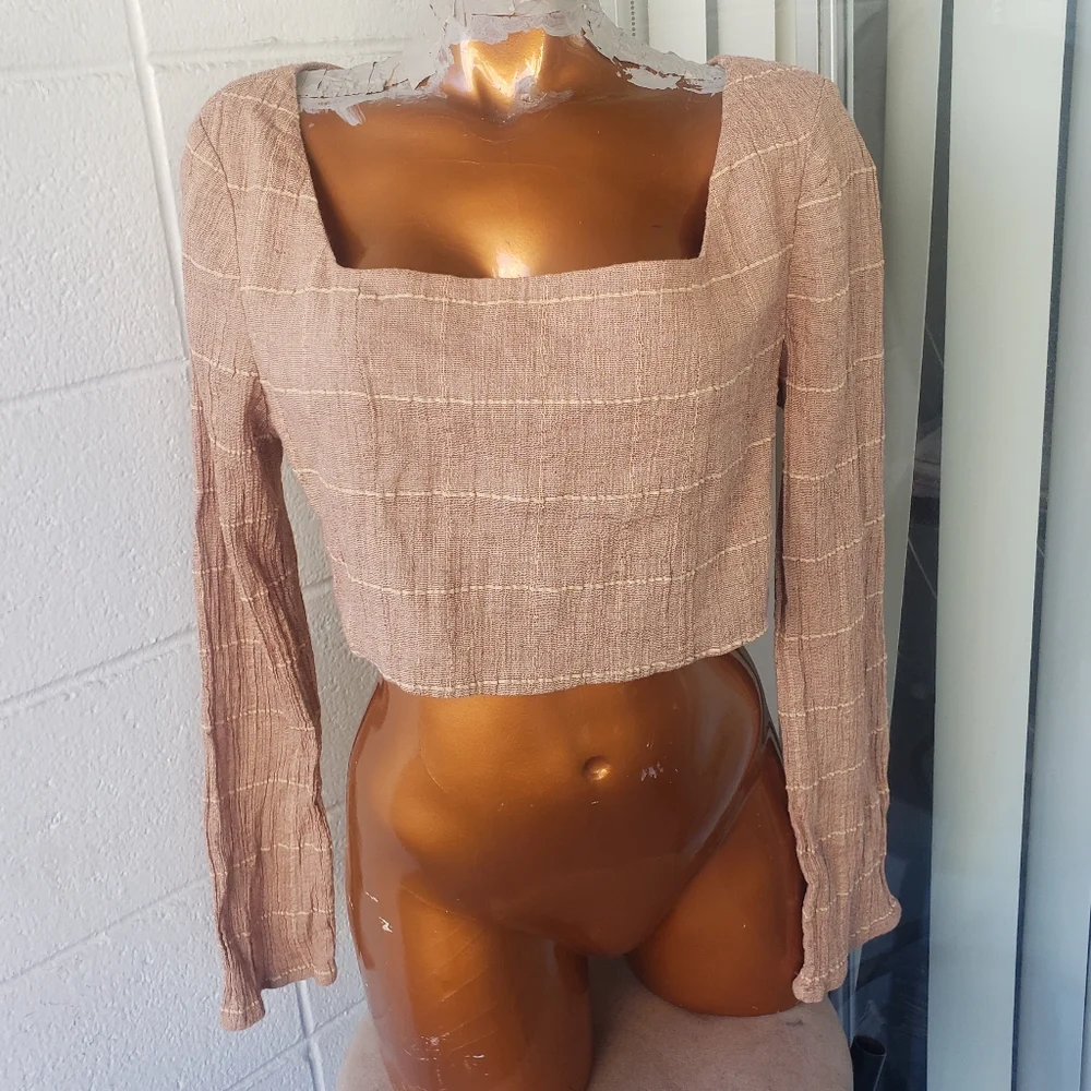 free people long sleeve square neck light brown cotton gauzy crop top plaid 10
